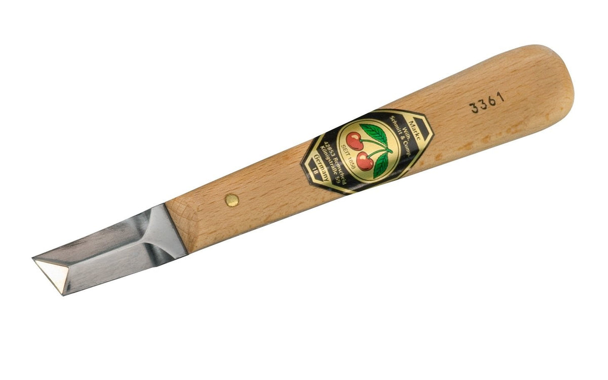 Kirschen Two Cherries #3361 Chip Carving Knife with Straight Blade Three Edges, Hornbeam Handle, German Steel - angled view