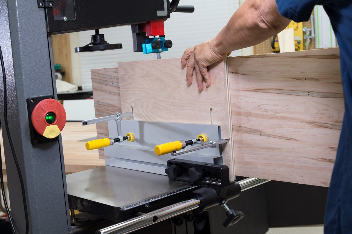 Australian woodworking tools store product image: MicroJig MatchFit Dovetail Track Clamps Set of Two, showing clamp in action
