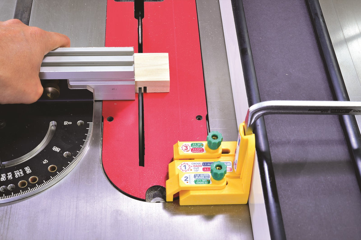MatchFit Dado Stop Pro Set in use on table saw dado, achieving precise joinery without test cuts