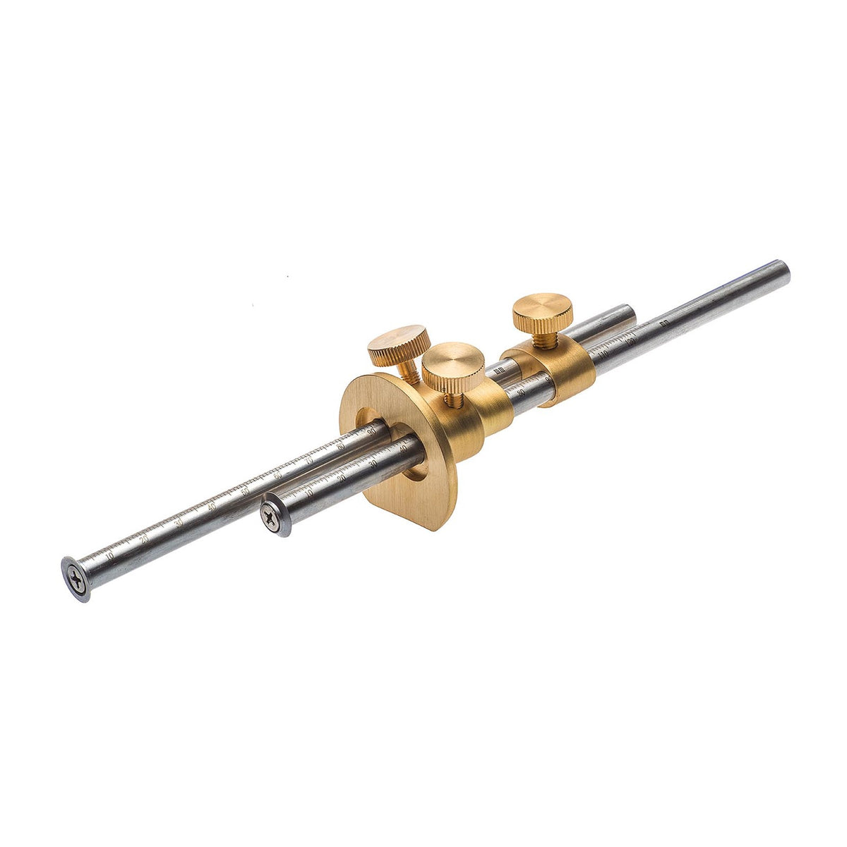 Luban Wheel Mortice Gauge Brass Micro Adjust 150mm Capacity angled close-up view