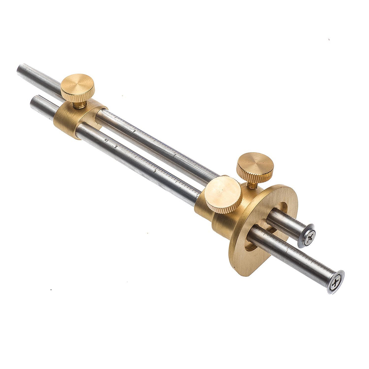 Luban Wheel Mortice Gauge Brass Micro Adjust 150mm Capacity, detailed view of solid brass head and twin stem design