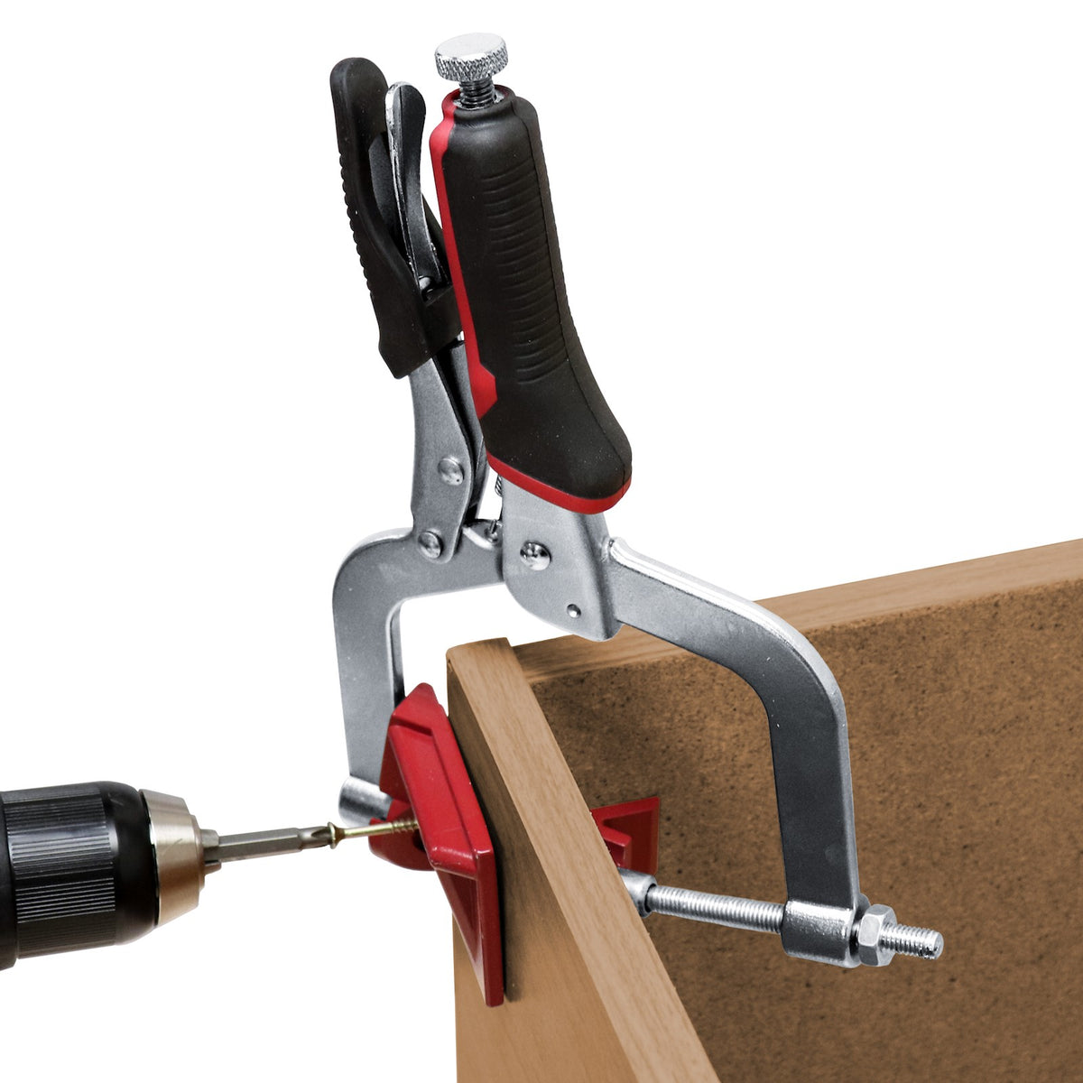 Milescraft Face Frame Corner Clamp in use on a wooden T-joint - Australian woodworking tools
