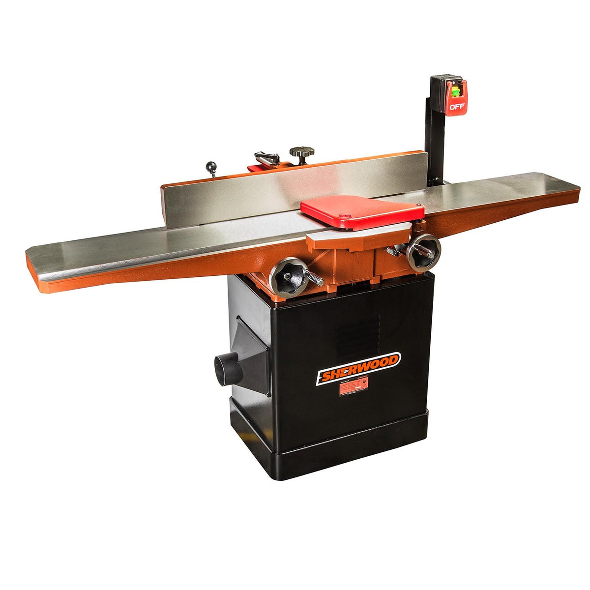 Sherwood 8in Wedge Bed Jointer Planer from an angle, showcasing the extended in-feed fence