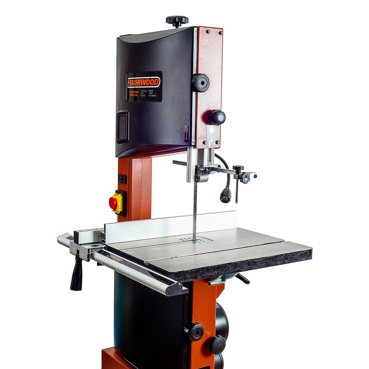 Compact Sherwood 14in 1100W Standard Bandsaw in action slicing through wood