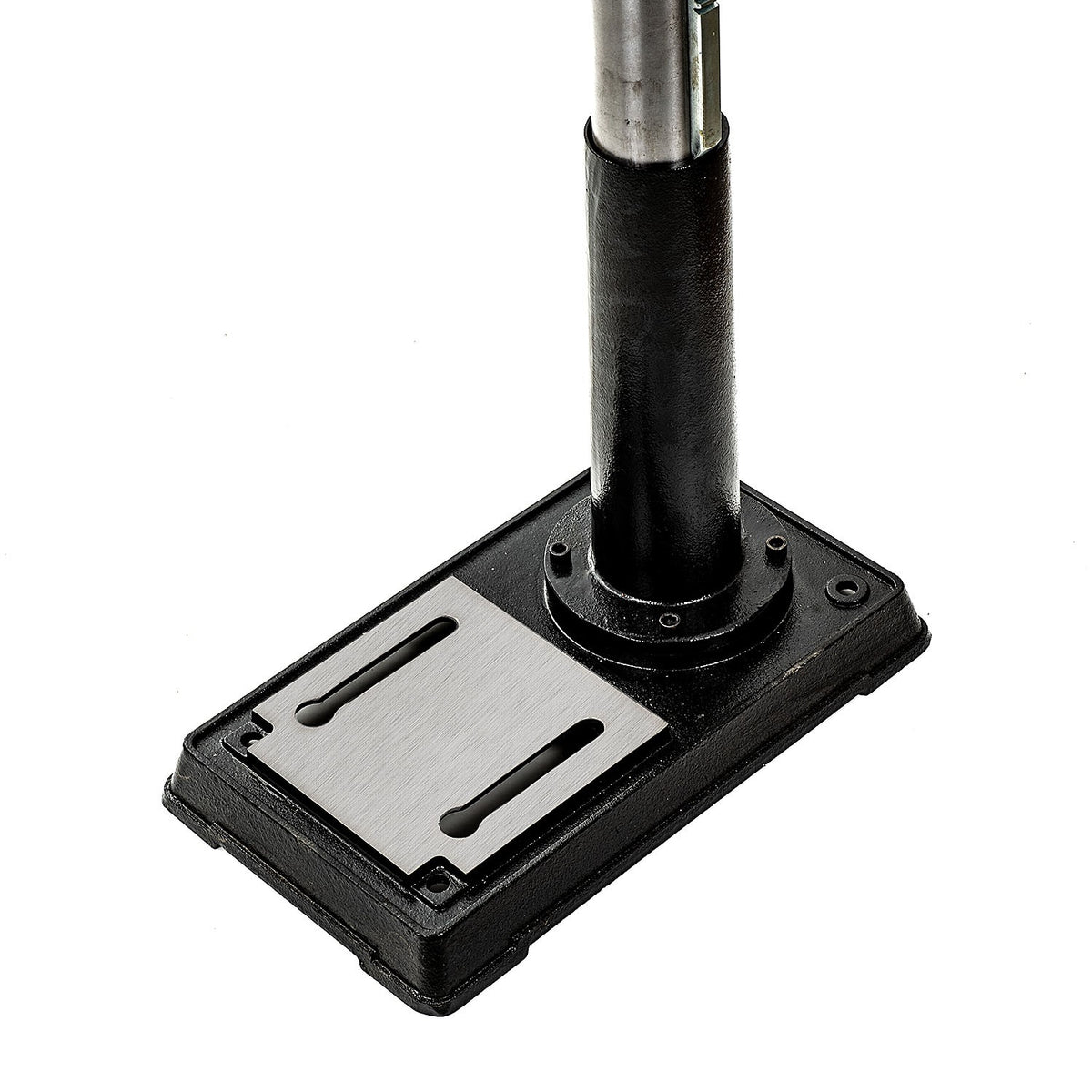 Sherwood Variable Speed Pedestal Drill Press showcasing keyless chuck and floor-standing design in workshop setting