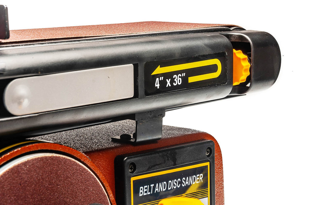 Sherwood 4 x 6in Benchtop Belt and Disc Sander 375W in operation on a wooden surface