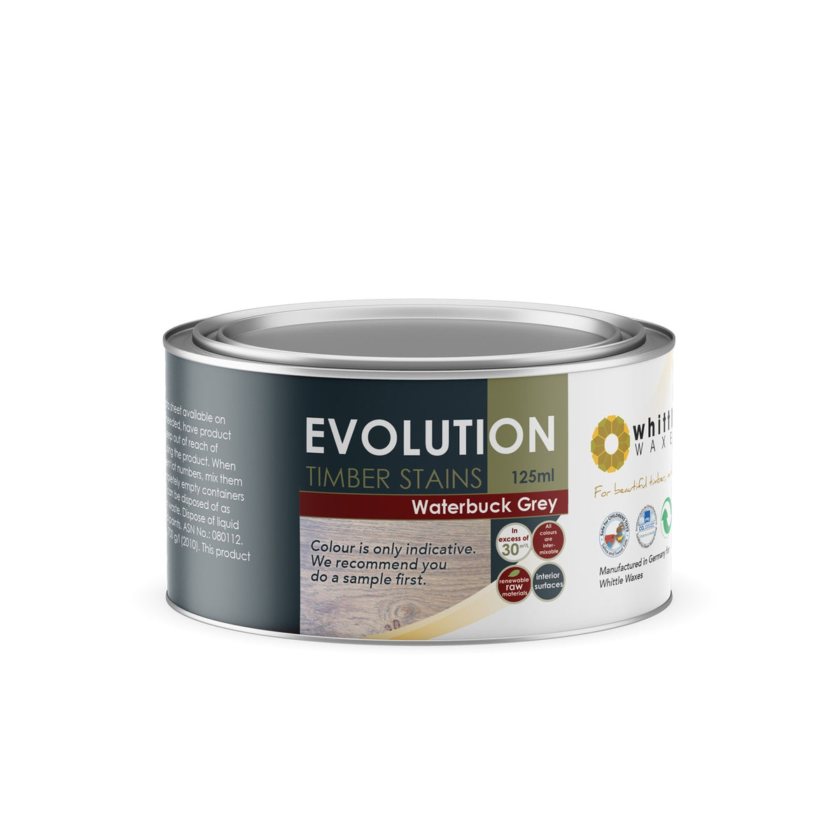 Whittle Waxes Evolution Waterbuck Grey Colour Stain on Wood Surface