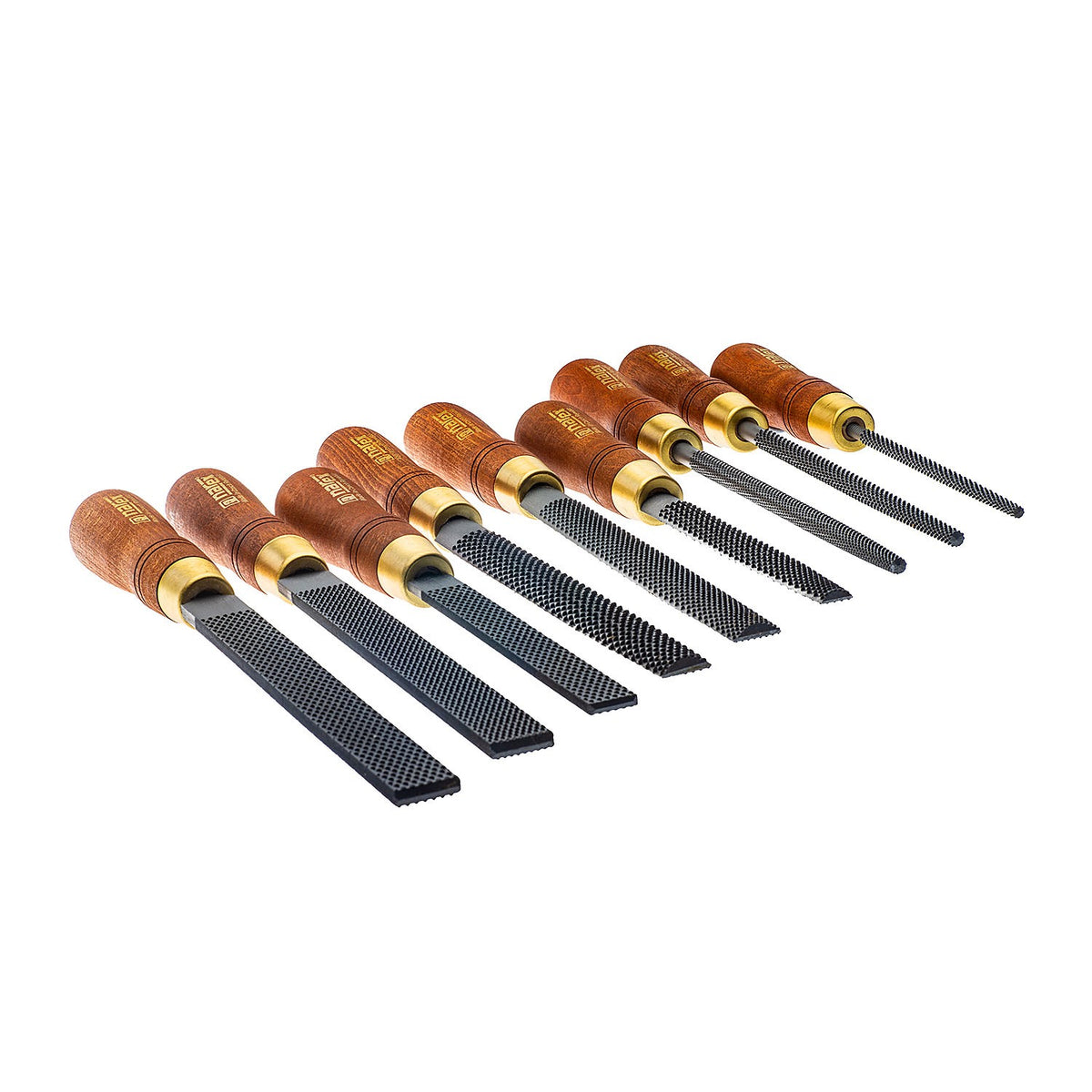 Set of 9 Narex wood rasps with wood handles, including flat, half round, and full round rasps