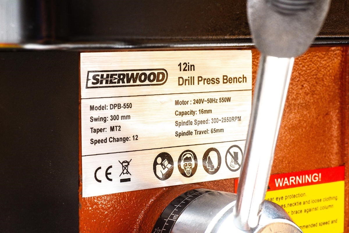 Sherwood Benchtop Drill Press 550W Portable in action drilling wood piece