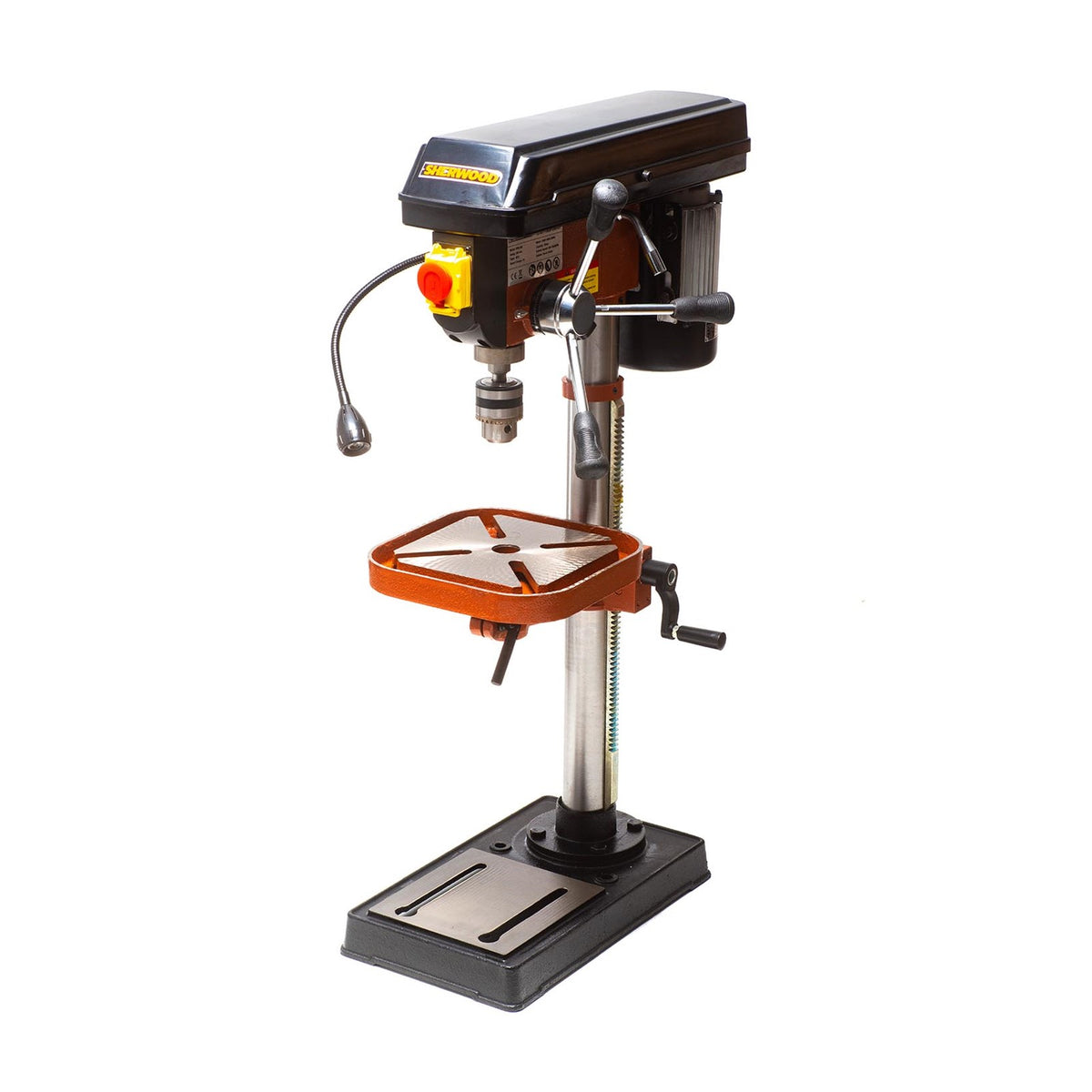 Sherwood Benchtop Drill Press 550W Portable: Side view showing compact design and sturdy construction