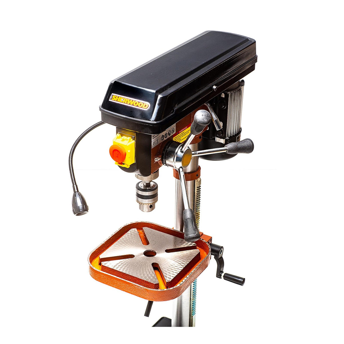 Sherwood Benchtop Drill Press 550W Portable, angled view showing compact design and high torque capability