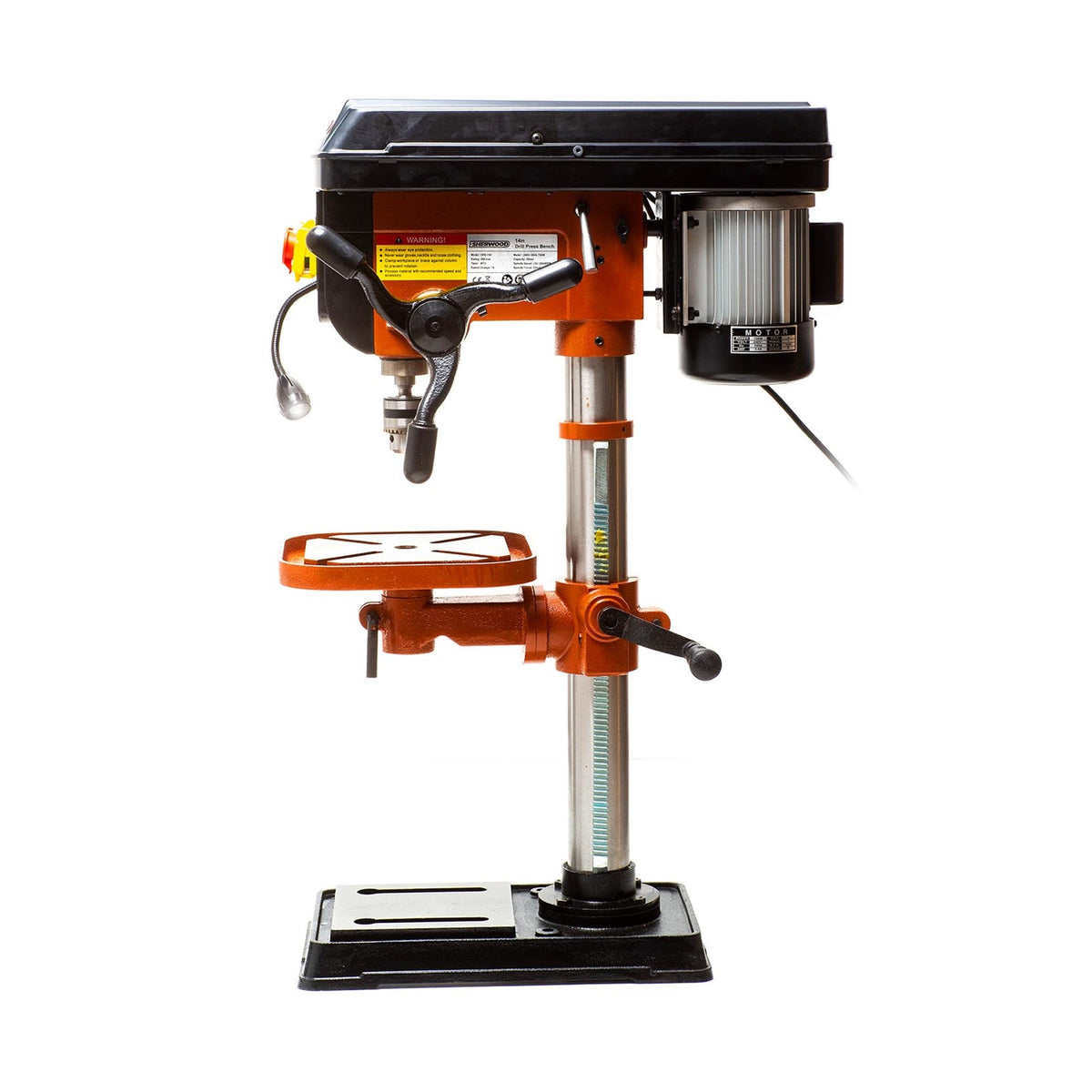 Sherwood Benchtop Drill Press 750W Portable, side view showing precision controls and compact design