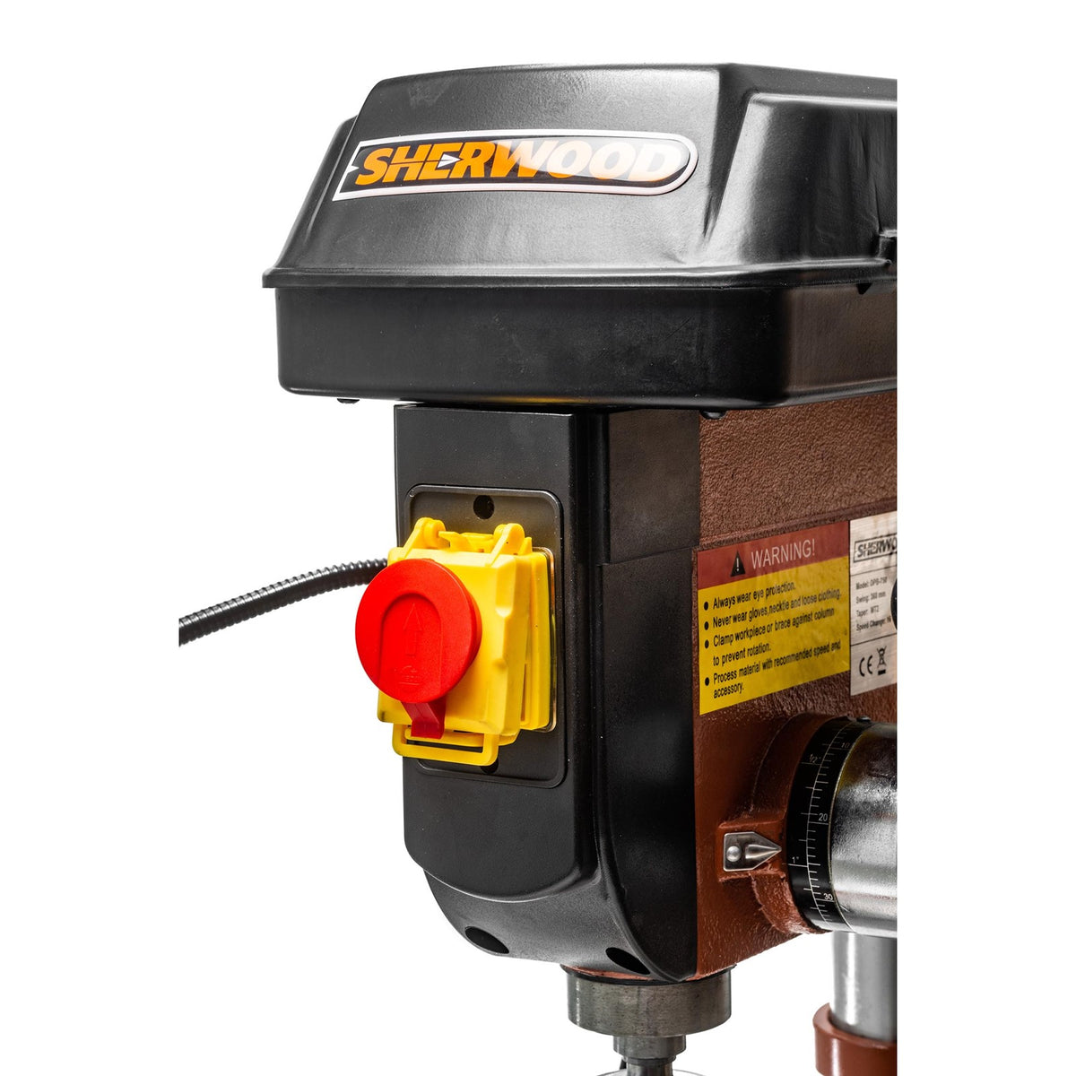 Sherwood Benchtop Drill Press 750W Portable, angled view showcasing compact design and robust construction