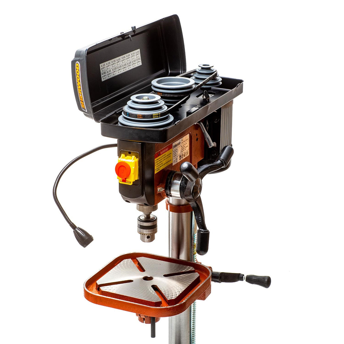 Portable 750W Sherwood Benchtop Drill Press angled view woodworking tool Australia