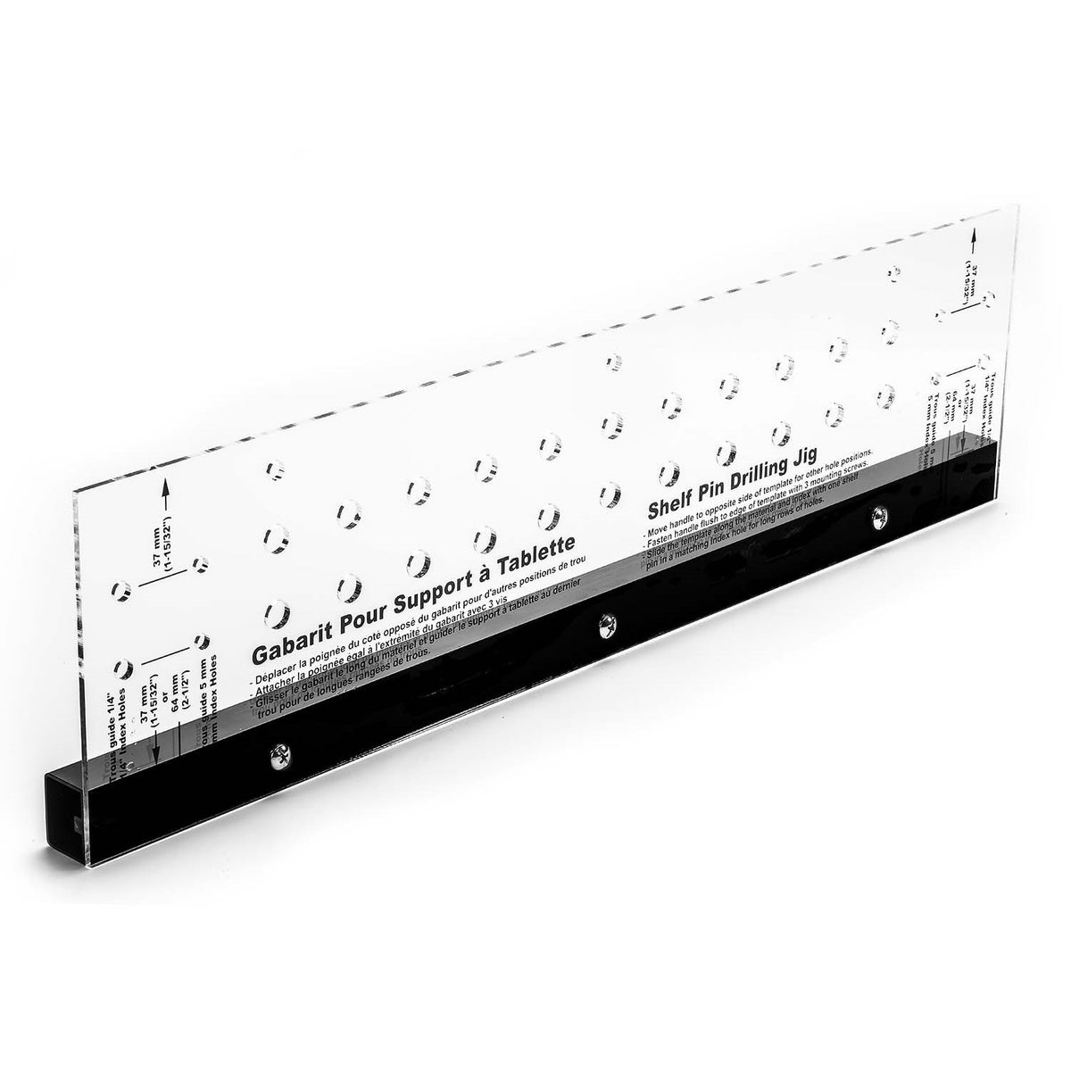 Torquata Shelf Pin Drill Jig System with 5mm & 1/4in Drill Bits in use on wood shelving
