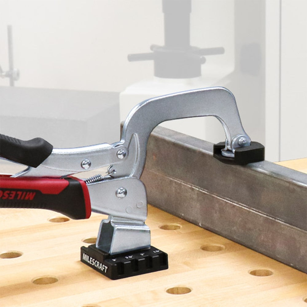 Milescraft BenchLock Dog Hole Workbench Clamping Jig in use with BenchClamp on workbench