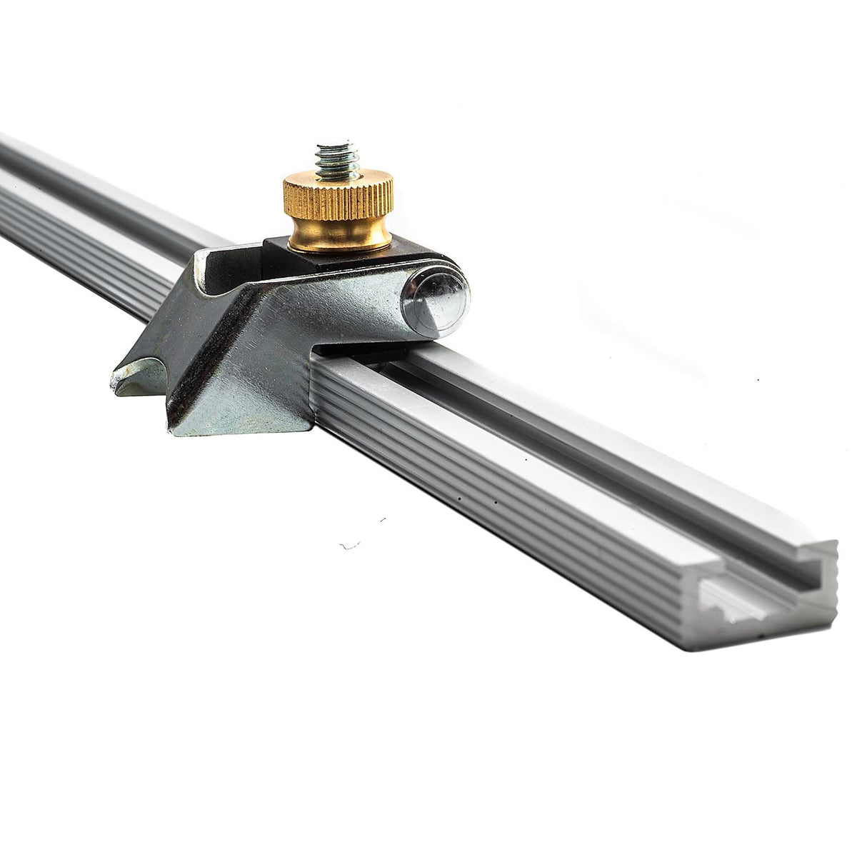 Torquata Steel Flip Stop for T-Track Fence Low Profile in use on woodworking table