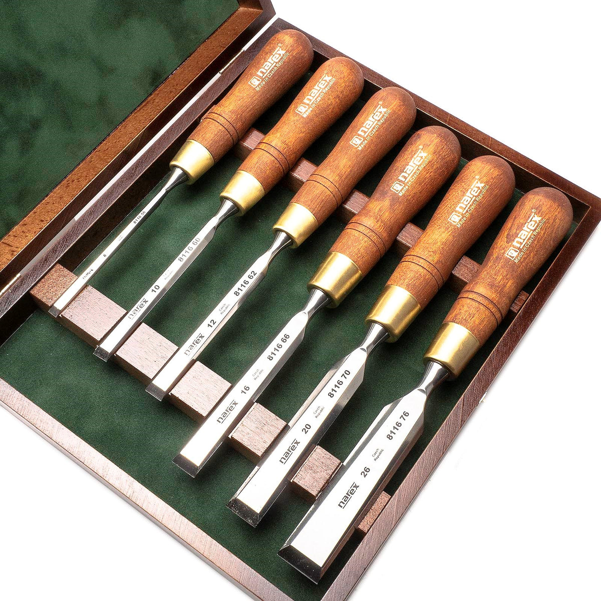 Premium Narex bevel edge chisels set in wooden case, crafted from Czech Chrome-Manganese steel