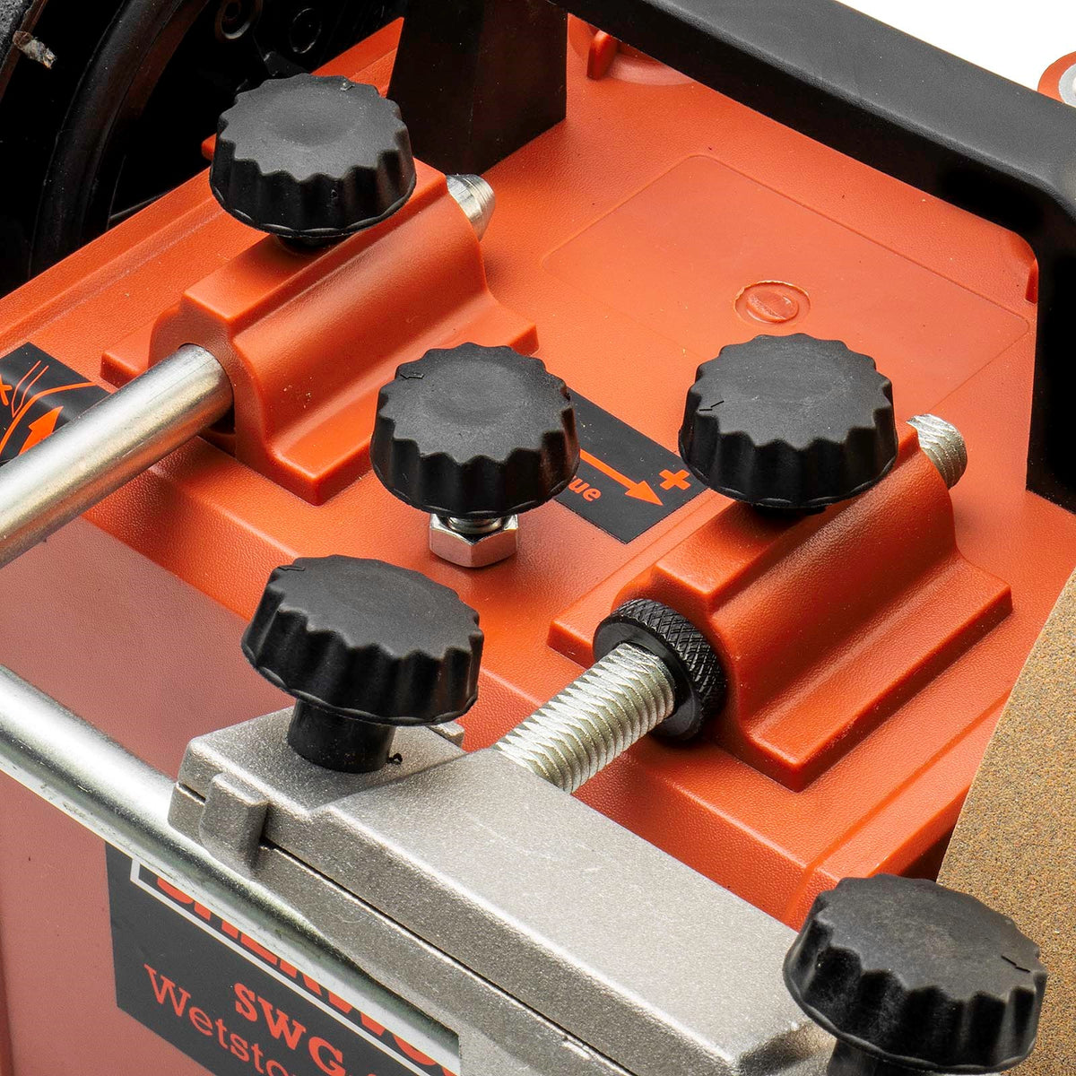 Sherwood Wet Stone Sharpening System 200mm 160W grinder, angled view showing water tray and grinding wheel