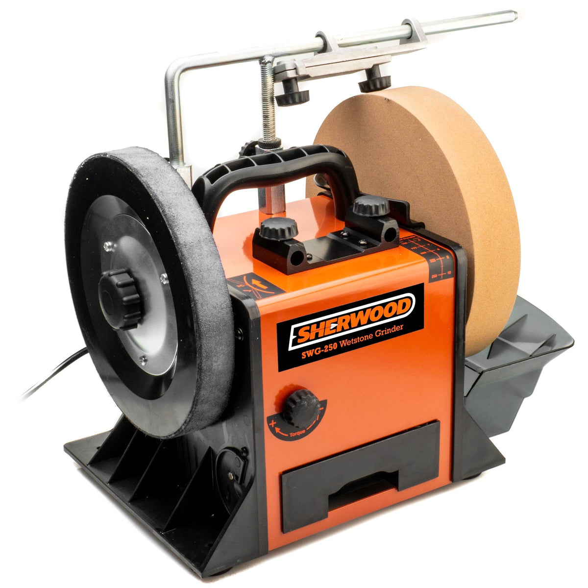 Sherwood 250mm Wet Stone Sharpening System grinder with accessories on wooden workbench