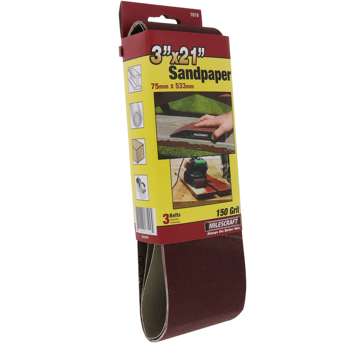 Milescraft Pack of 3 Sanding Belts 75x533mm in use on wood surface
