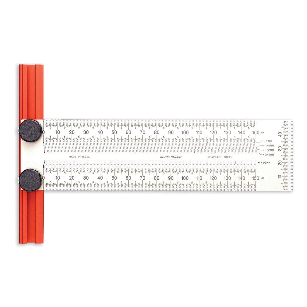Incra Set of 3 Precision Rules 150mm Metric T-Rule Bend Rule Marking Rule in use on wood surface