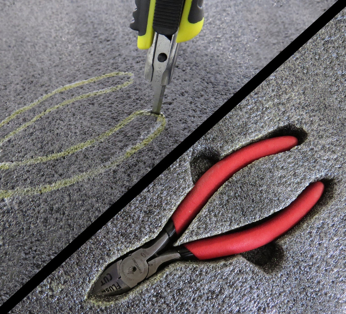 Fastcap Kaizen Knife Thin Blade Safety Cutter in use on Kaizen Foam contours