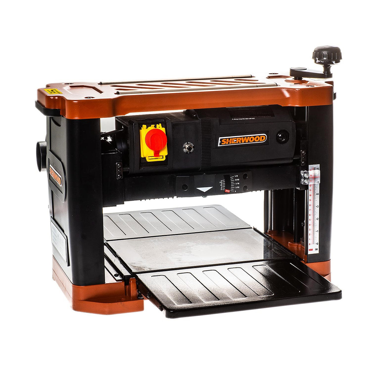Sherwood 13in Deluxe Benchtop Thicknesser showing straight blade cutterhead in action