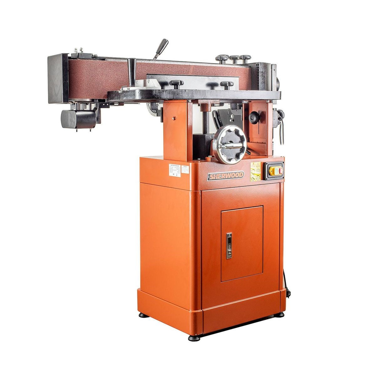 Sherwood Oscillating Belt Sander 6in 2200W with Cabinet Stand on precision-ground cast-iron table