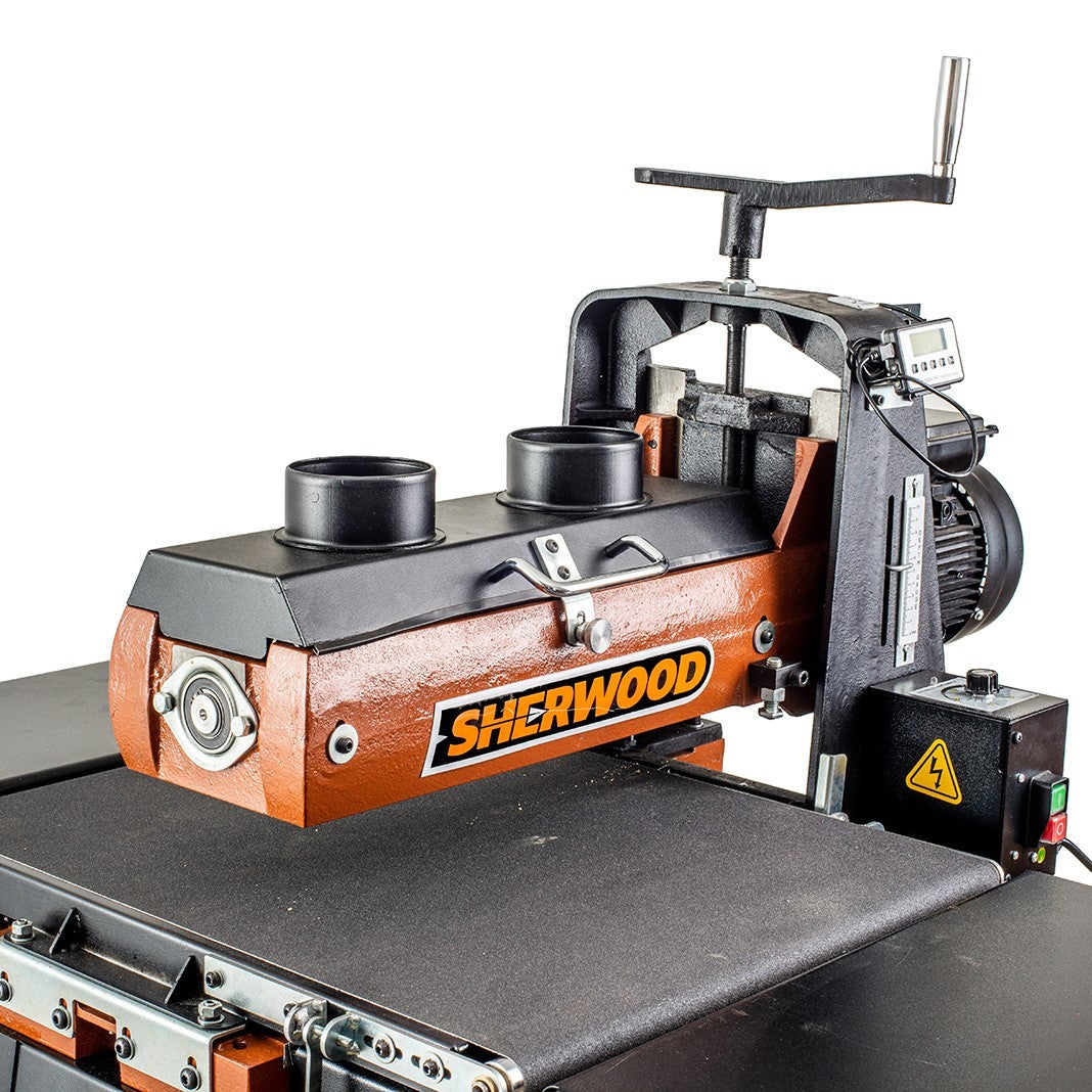 Sherwood 16in Drum Sander with Open Stand in action, showcasing its powerful performance and sleek design