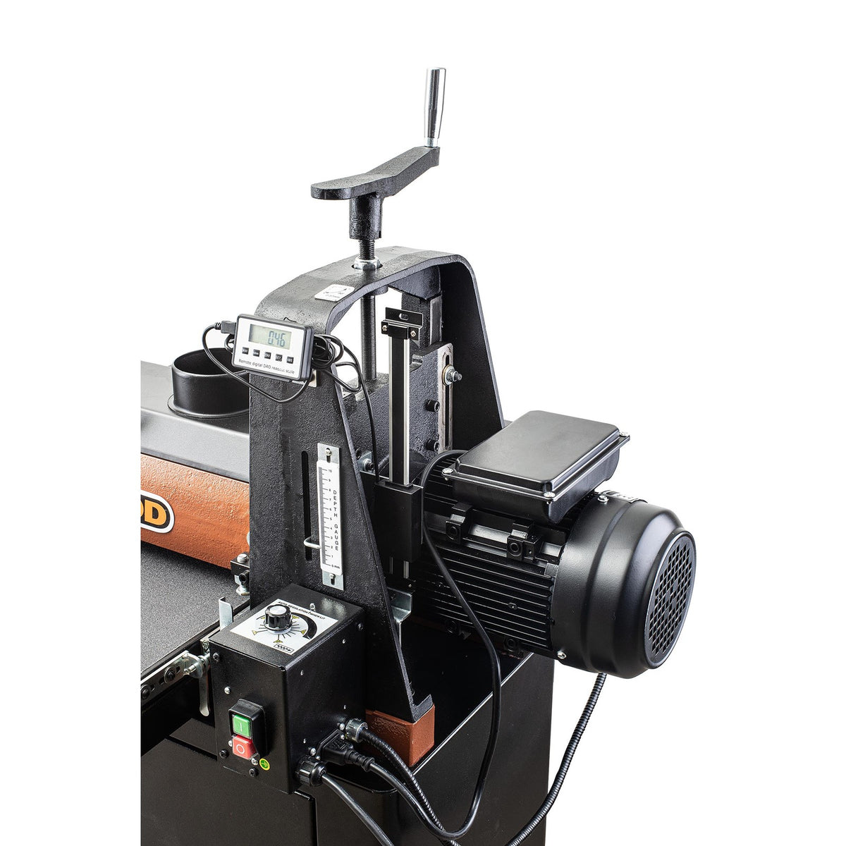 Sherwood 20in Drum Sander with Cabinet Stand - Side view showing sturdy construction and powerful 2HP motor