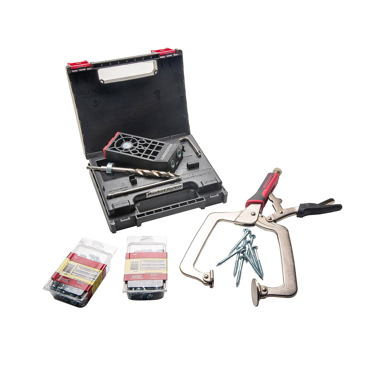 Milescraft Pocket Hole Jig 300 Heavy Duty Set with Clamp and Screws in use on a wooden project