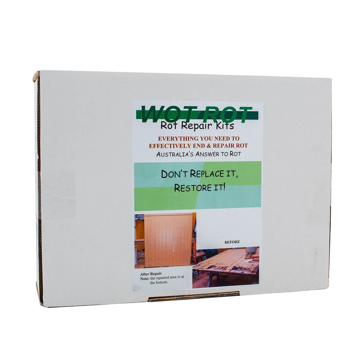 Bote-Cote Wot Rot Repair Kit demonstrating wood rot repair process