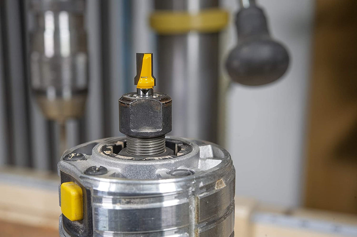 MicroJig MatchFit Dovetail Clamp Relief Router Bit - 1/4in Shank in use with relief groove for improved cut quality