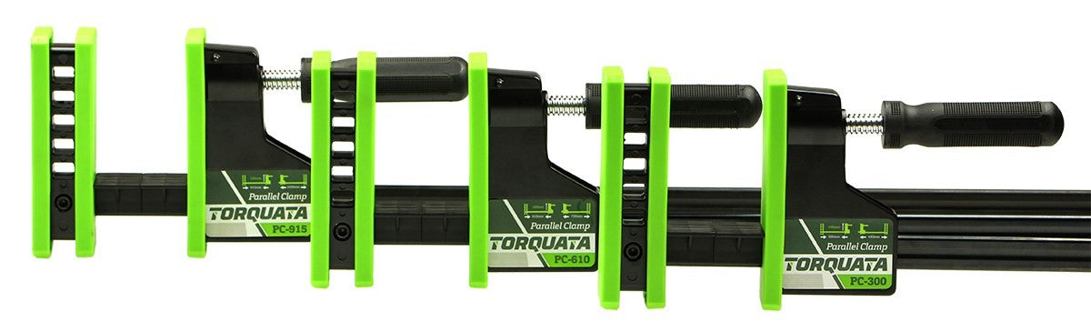 Torquata Set of 12 Parallel Clamps in Steel Wall Mounted Clamp Rack on wooden panel