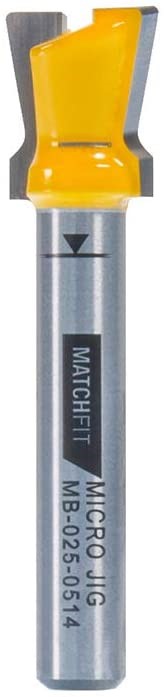 MicroJig MatchFit Dovetail Router Bit for Track Clamp System - 1/4in Shank in use on wood piece