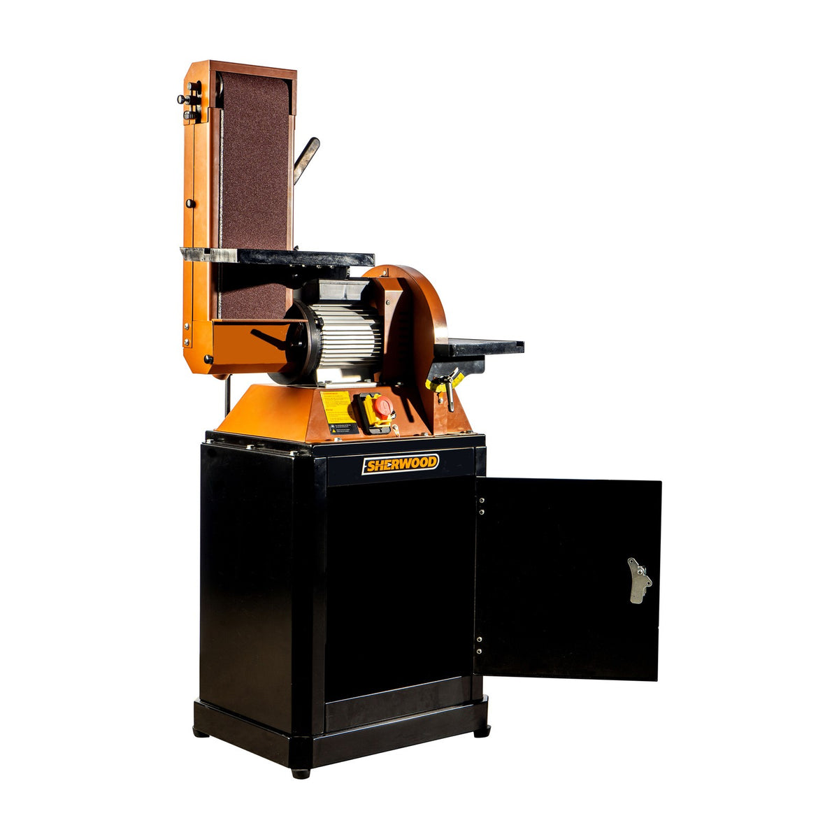 Sherwood 6 x 12in Belt and Disc Sander with Cabinet Stand 1100W in action sanding wood pieces