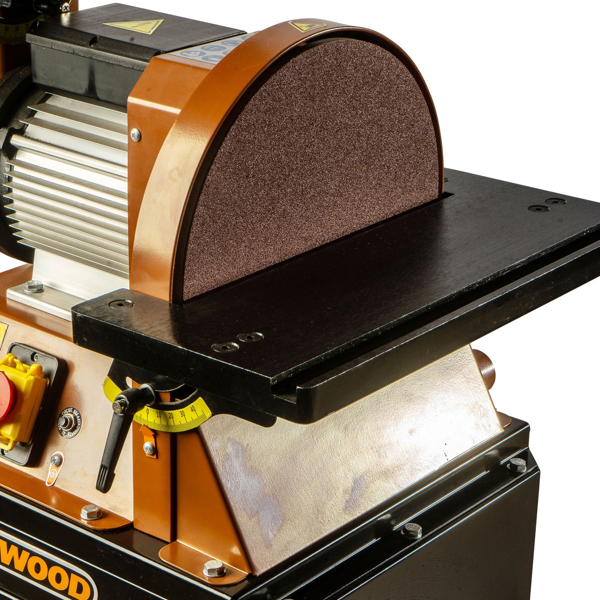 Sherwood 6 x 12in Belt and Disc Sander on Cabinet Stand in action, sanding wood piece