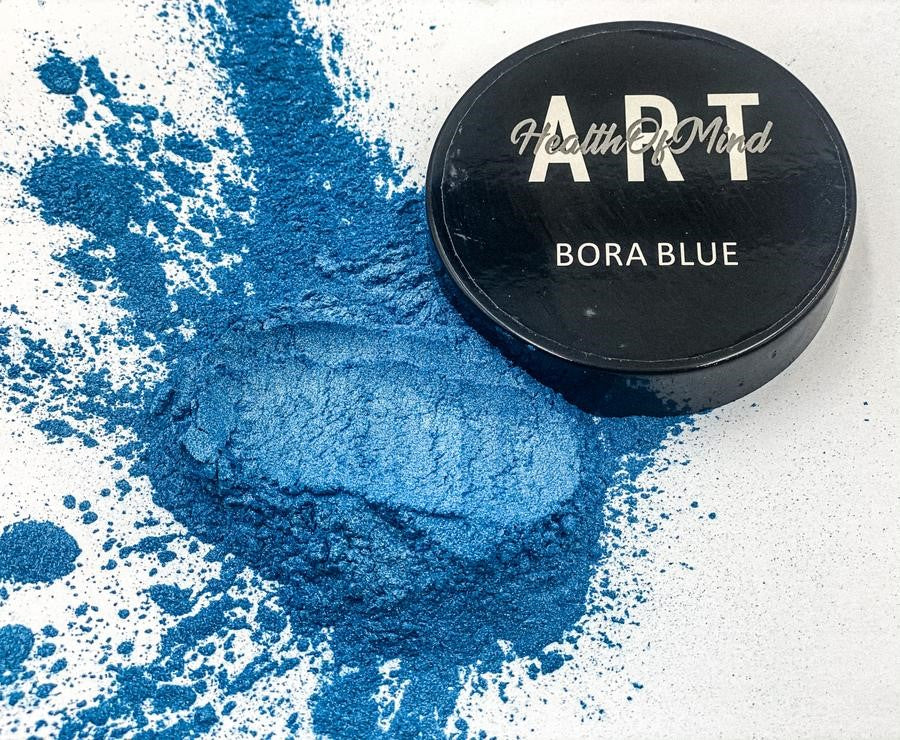 Health of Mind Art Bora Blue 50g Pearlescent Pigment Mica Powder for Epoxy Resin in packaging