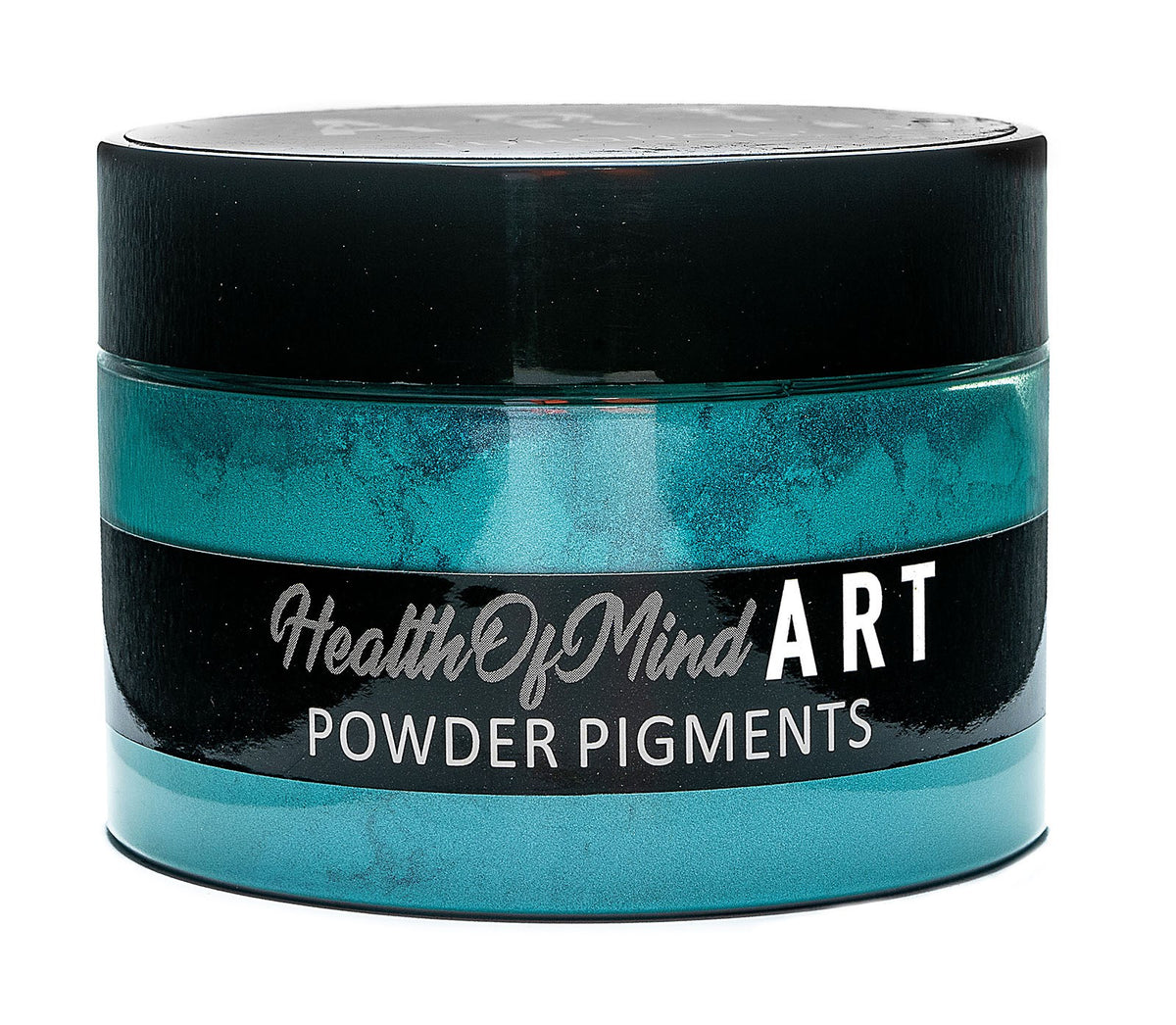 Health of Mind Art Turquoise Green Mica Powder in 50g jar, ideal for epoxy resin crafts like river tables or serving boards