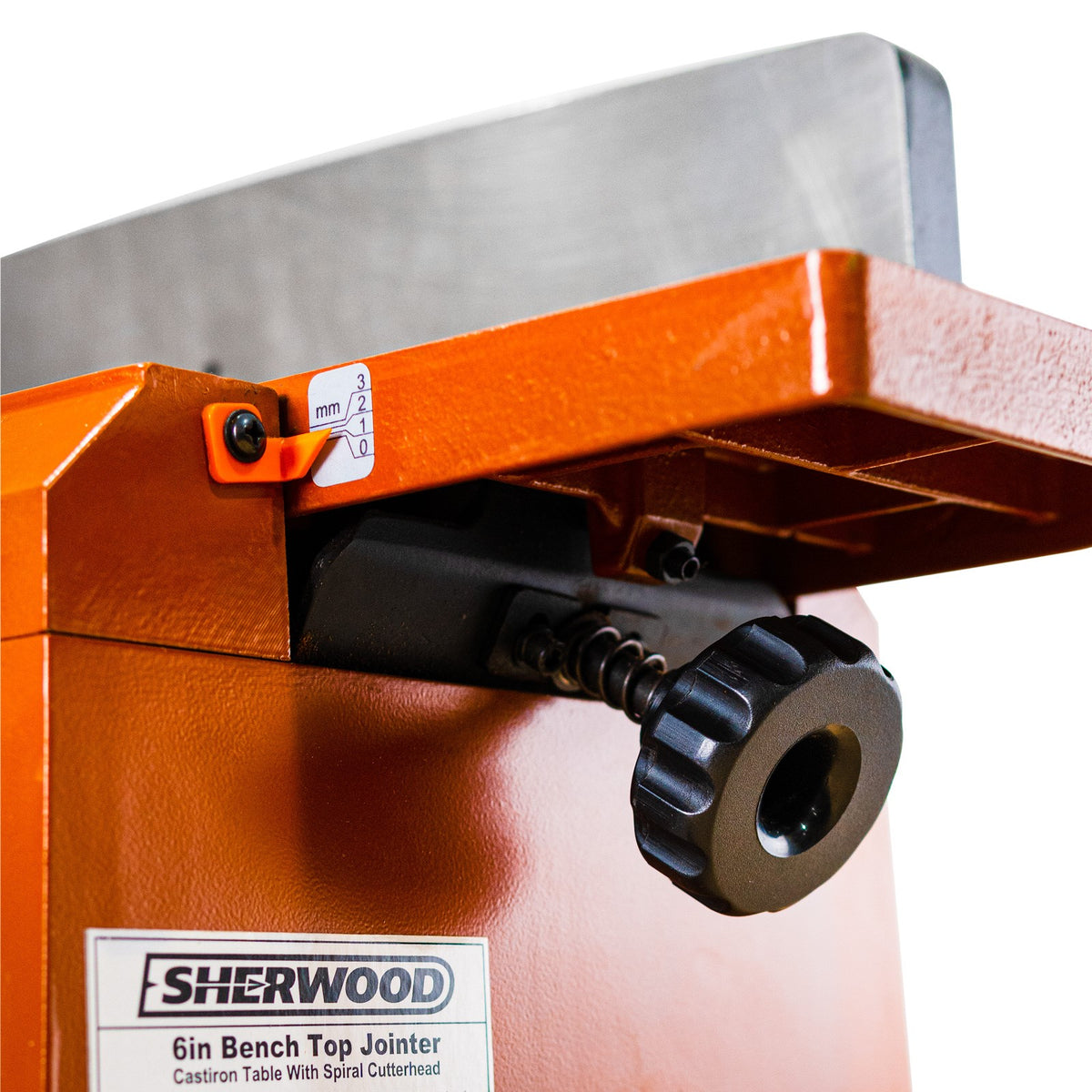 Sherwood 6in Benchtop Jointer with Helical Spiral Head, showcasing the authentic spiral head with fourteen four-sided carbide cutters