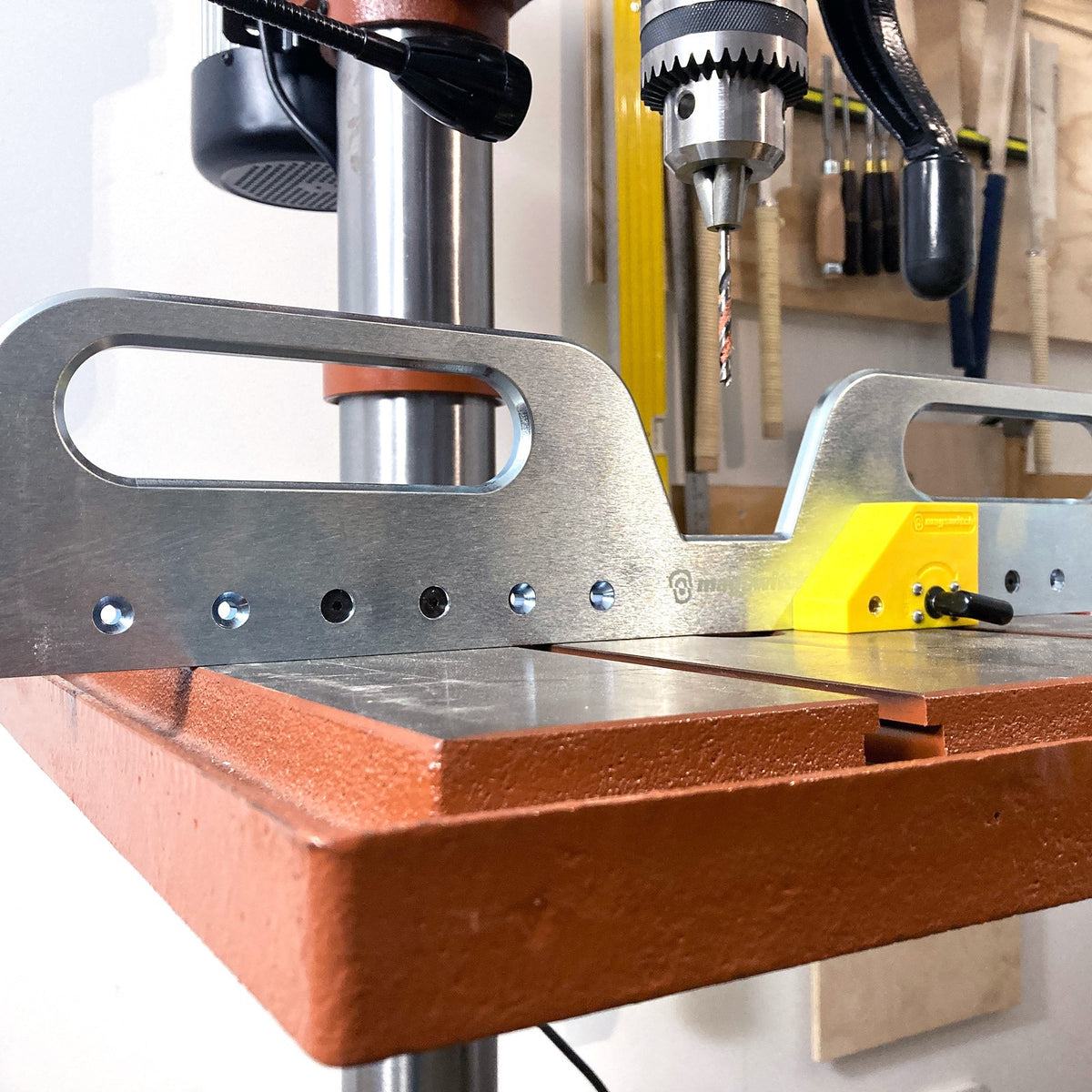 Magswitch Drill Press Fence Pro Steel Magnetic 533x109mm side view with Australian designer Andrew Klein's quote