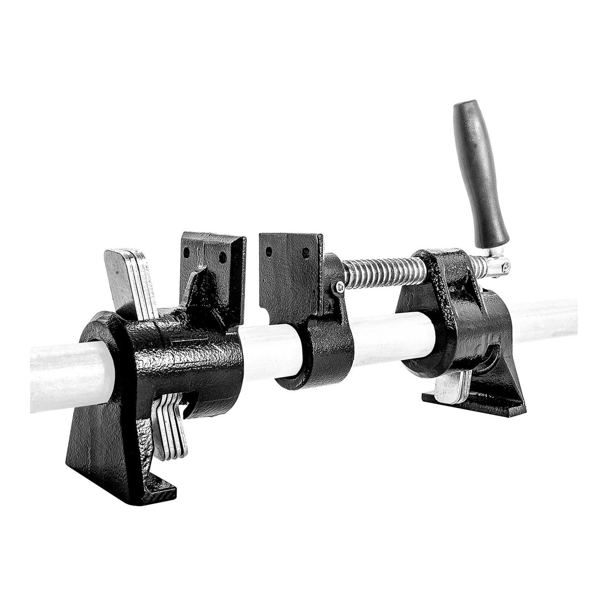 Torquata Double Clutched Pipe Clamp with 900mm Pipe in use, showing precise alignment for woodworking