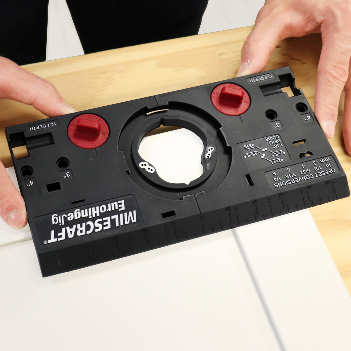 Milescraft Euro Hinge Jig in use for precise door hinge installation