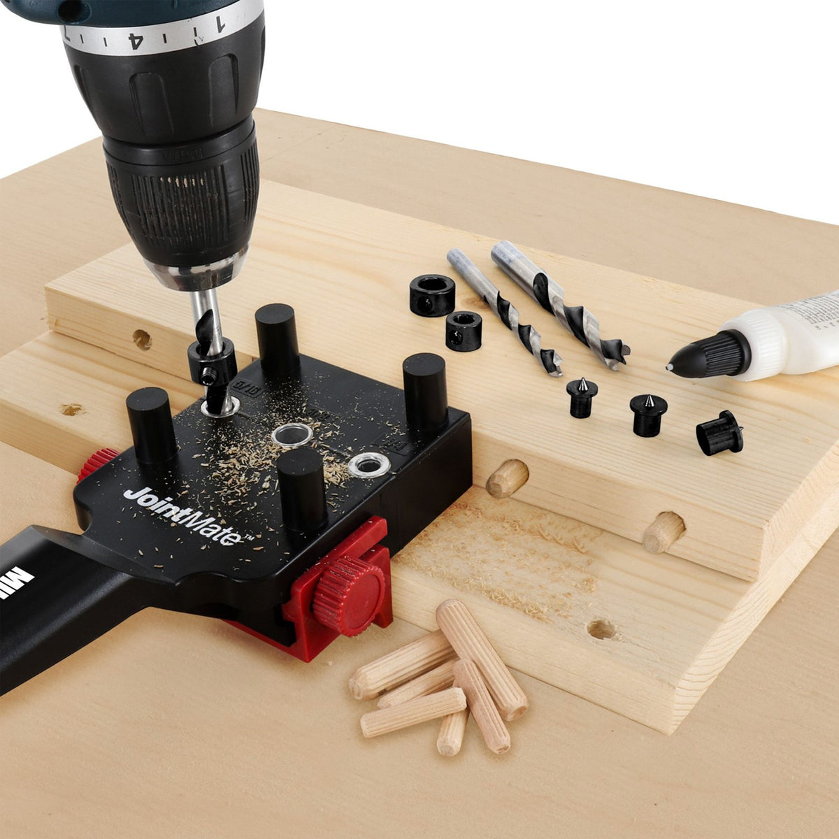 Milescraft Dowelling Jig Kit with Metric Dowel Set in use for precise corner and edge joints