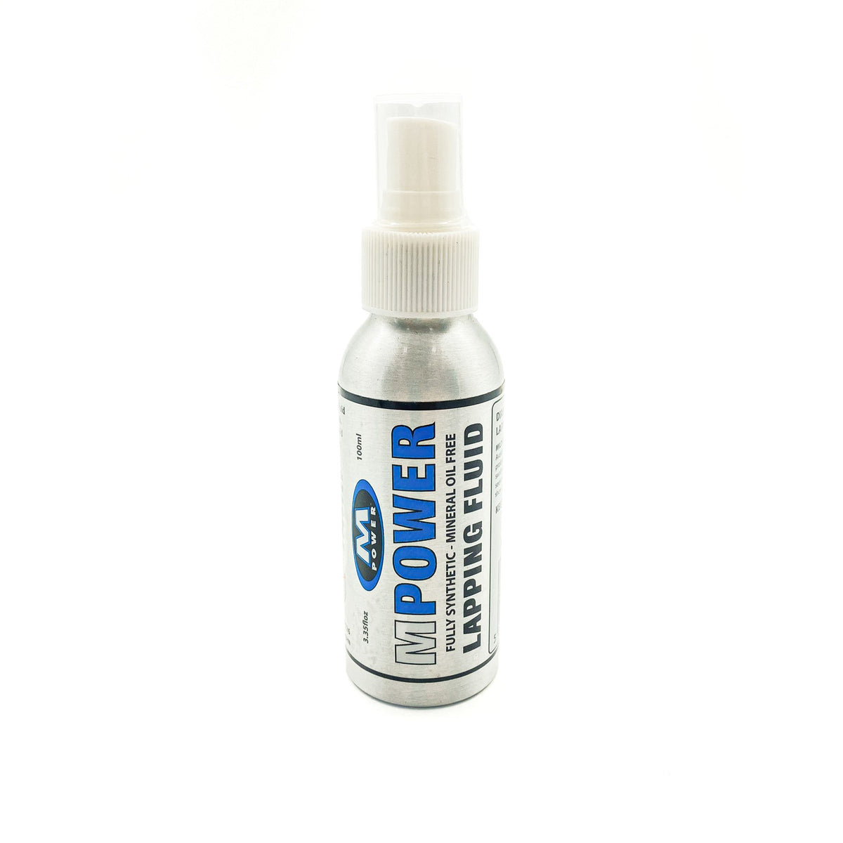 MPOWER Synthetic Lapping Fluid bottle with workshop equipment in background