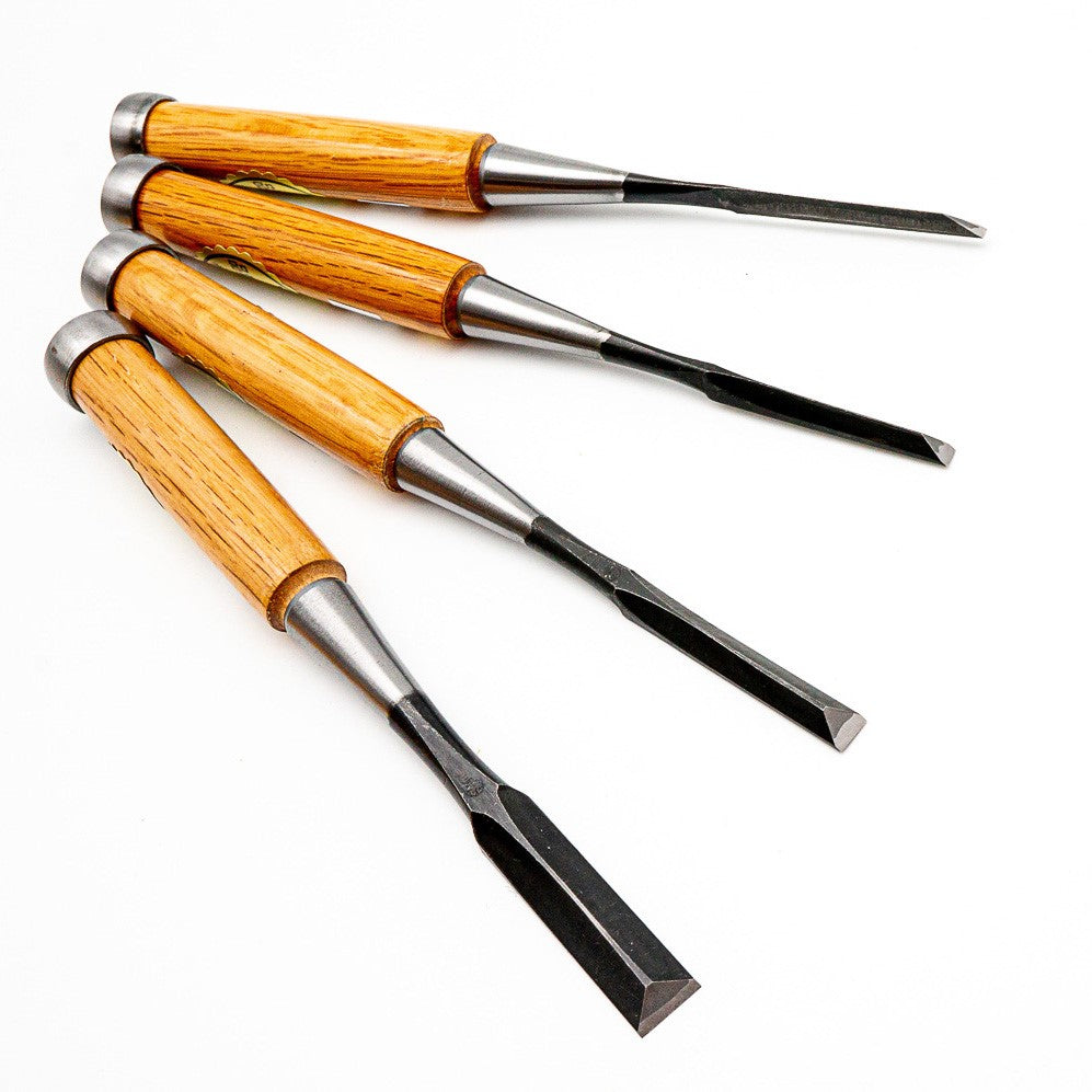Ioroi Craftperson's Set of 4 Super Fine Umeki Oire Nomi Japanese Chisels with forge welded blades and hardwood handles