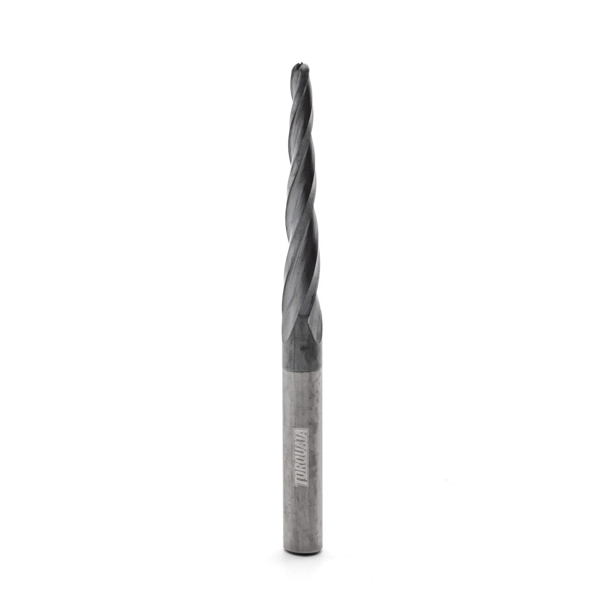 Torquata 1/4in Shank Triple Flute Tapered Spiral Up Cut ZrN Coated CNC Bit - Close-up detail of the ZrN coating