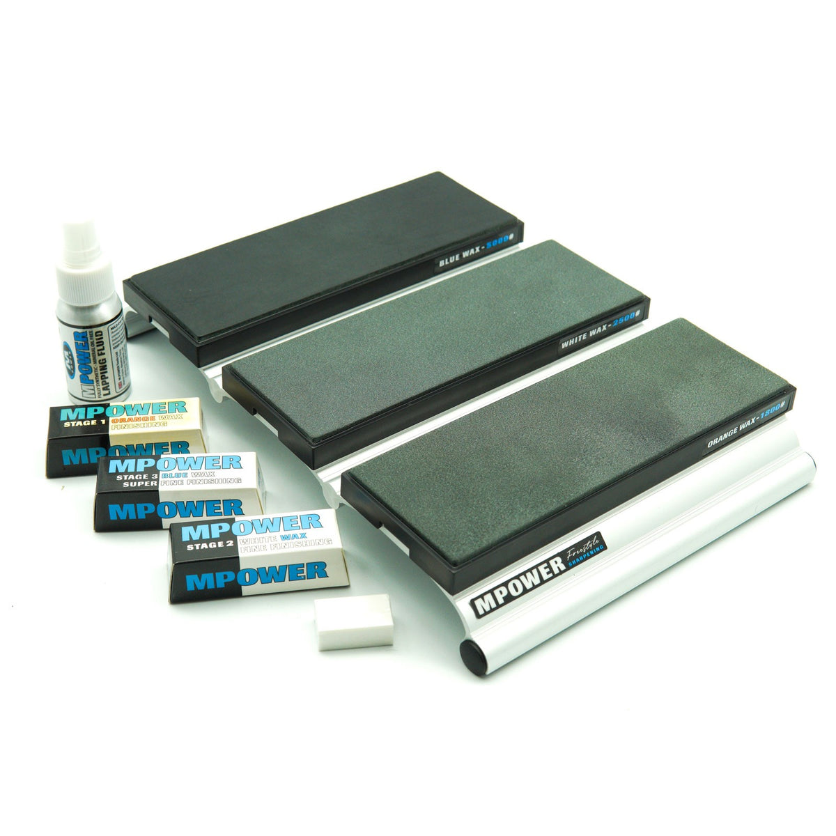 MPOWER Triple Diamond Sharpening Stone Station with Strops, complete sharpening package on wooden workbench