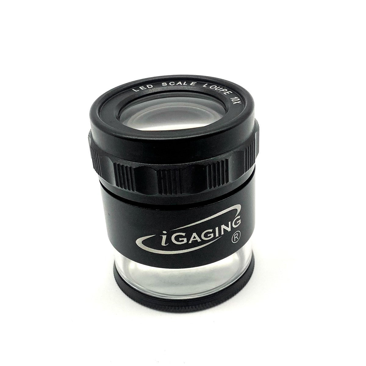 Optical Loupe Magnifier with LED 10x Magnification in Leather Case, angled view